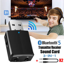 Load image into Gallery viewer, USB Bluetooth 5.0 Transmitter Receiver 3 in 1 EDR Adapter Dongle 3.5mm AUX for TV PC Headphones Home Stereo Car HIFI Audio

