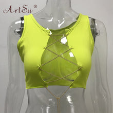 Load image into Gallery viewer, ArtSu Red Black White Metal Chain Sleeveless Crop Top Sexy Clubwear Women Adjustable Lace Up Hollow Out Tank Tops Tees Camisole
