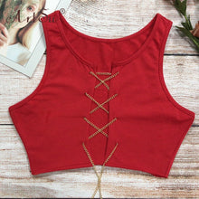 Load image into Gallery viewer, ArtSu Red Black White Metal Chain Sleeveless Crop Top Sexy Clubwear Women Adjustable Lace Up Hollow Out Tank Tops Tees Camisole
