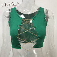 Load image into Gallery viewer, ArtSu Red Black White Metal Chain Sleeveless Crop Top Sexy Clubwear Women Adjustable Lace Up Hollow Out Tank Tops Tees Camisole

