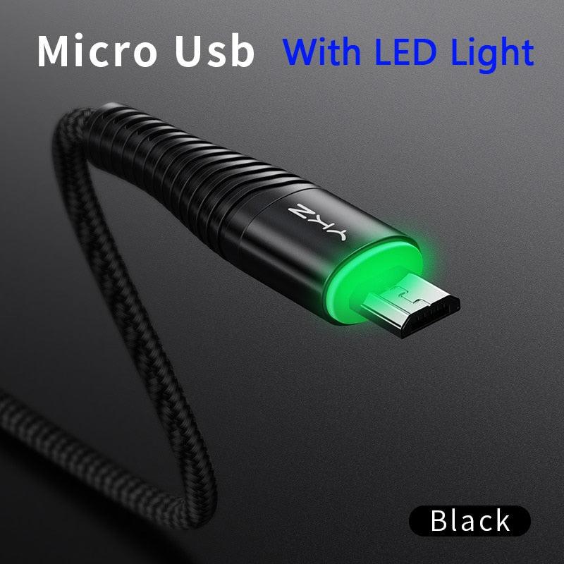 YKZ 3A LED Micro USB Cable Fast Charging Microusb Charger Date Cable Wire For Samsung Huawei Xiaomi Cord Android Mobile Phone